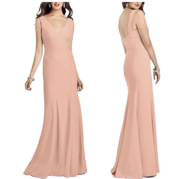 Dessy Collection Porcelain Pink Deep V Neck Trumpet Special Occassion Gown 3060 - Picture 1 of 15